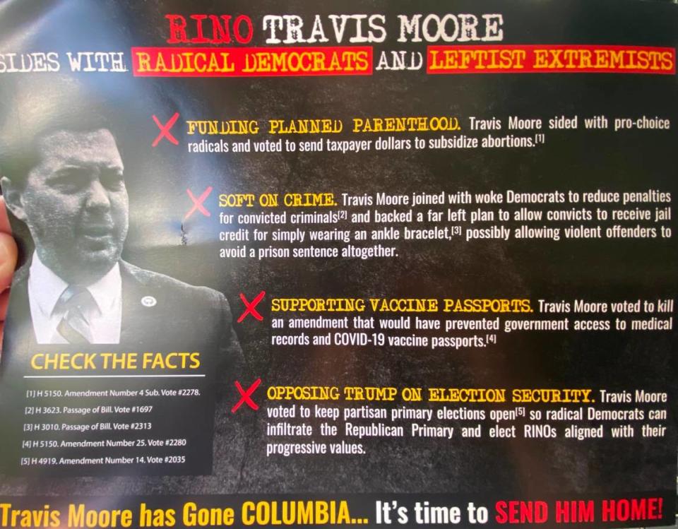 A flier sent out in Travis Moore’s district before the June primaries