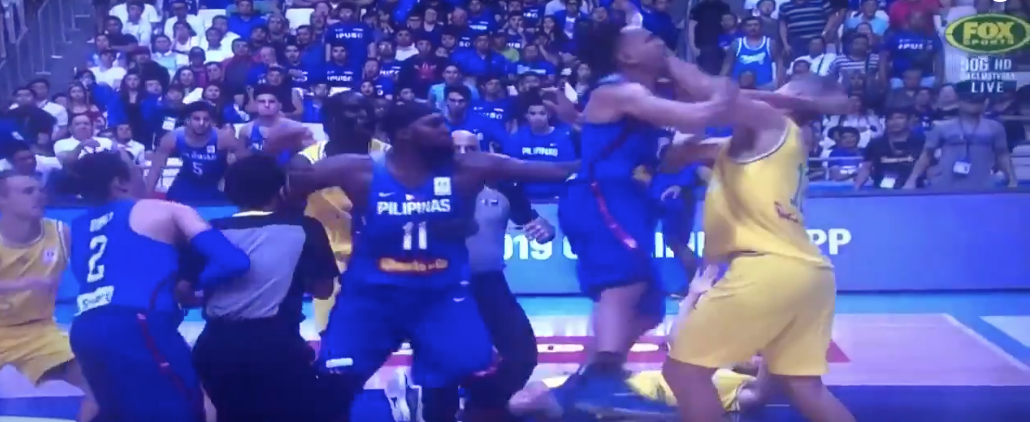 The brawl between the Philippines and Australia resulted in 13 ejections. Credit: Steve Smith (@stevesmithffx) on Twitter