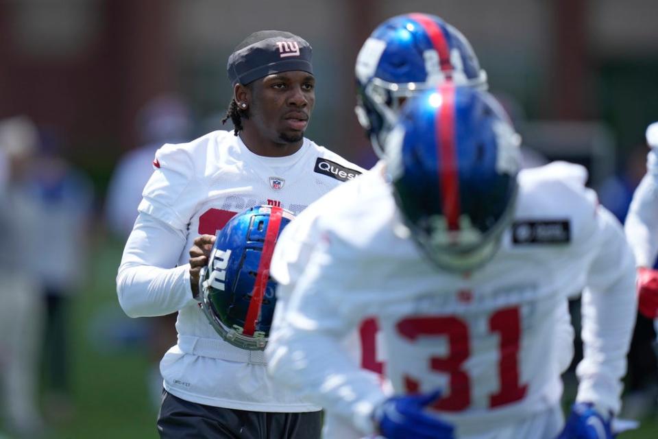 Cornerback Deonte Banks participates in an NFL football rookie camp at the New York Giants training facility in East Rutherford, N.J., Friday, May 5, 2023. (AP Photo/Seth Wenig)