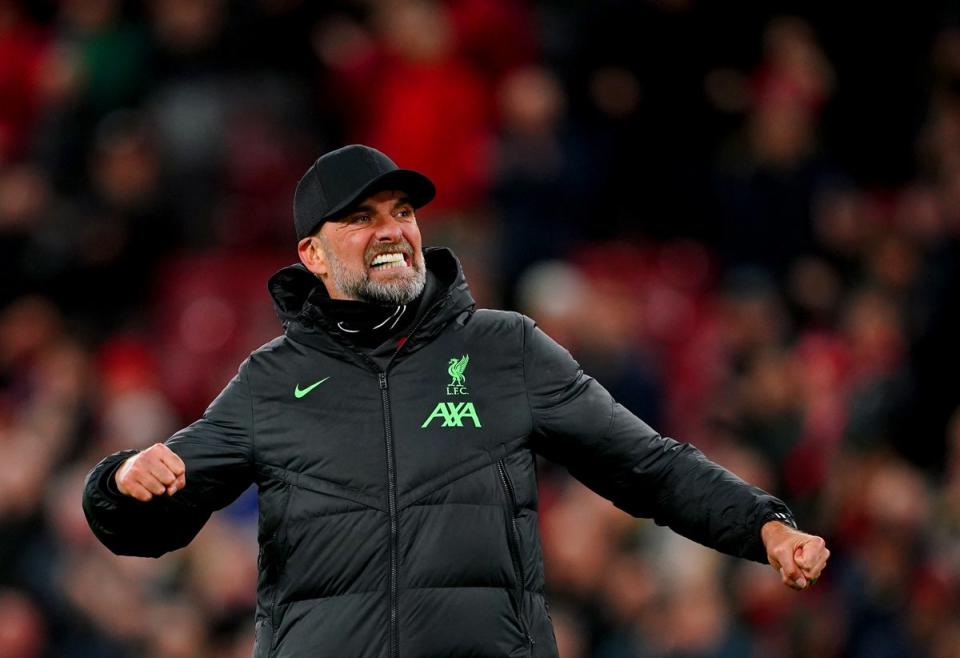 Jurgen Klopp celebrates in front of the Kop after Liverpool beat Luton (Peter Byrne/PA Wire)