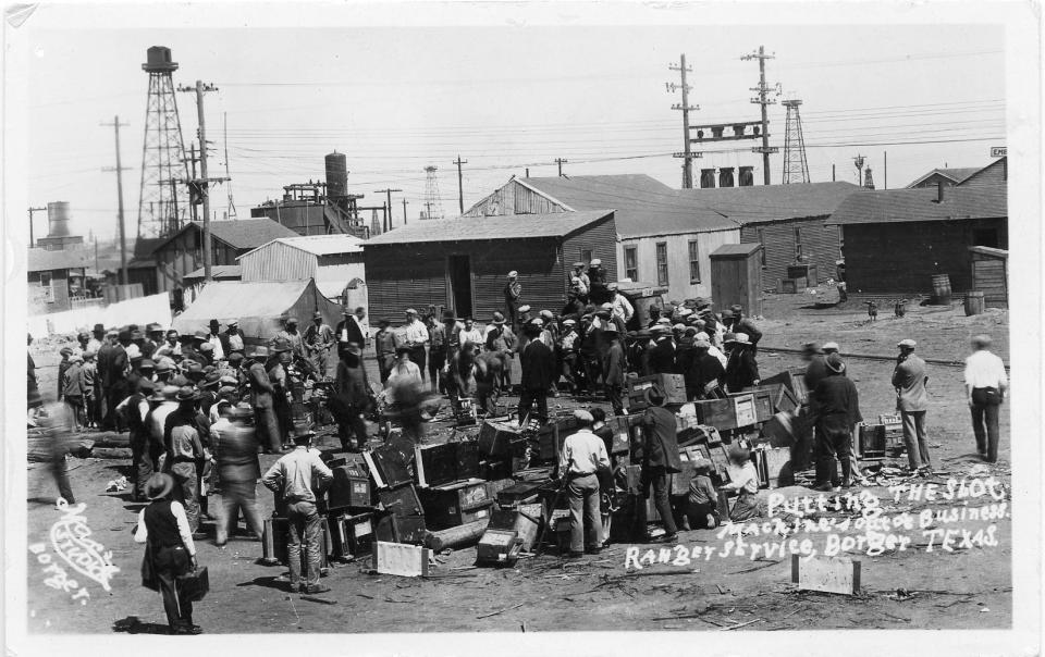 Illegal slot machines confiscated by Texas Rangers, circa 1927.