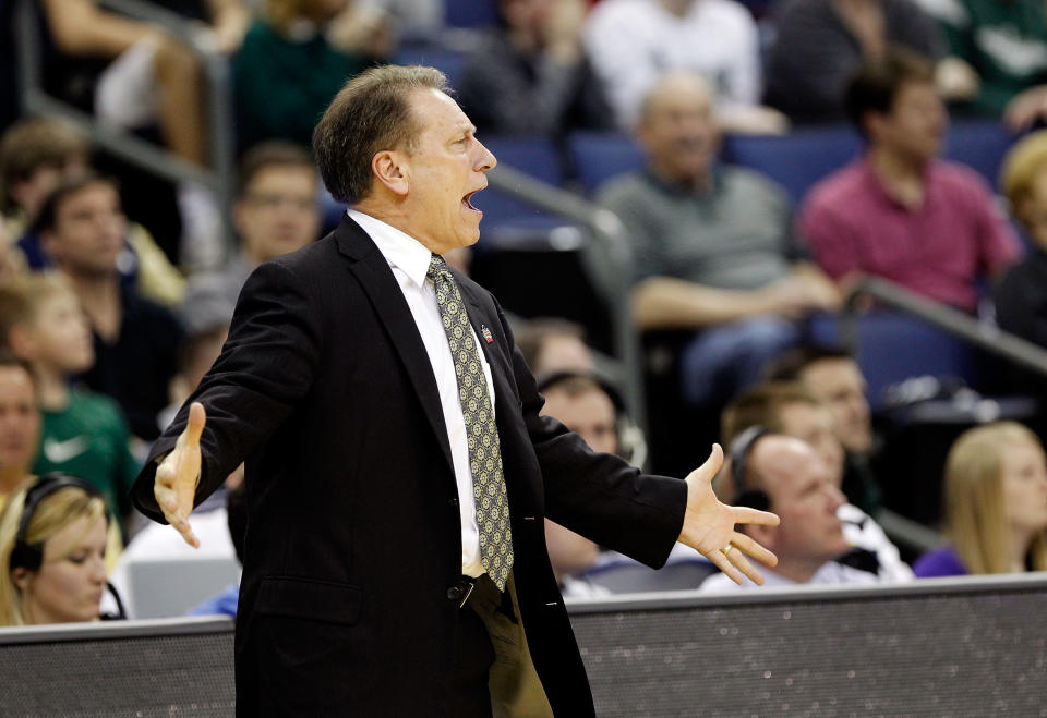COLUMBUS, OH - MARCH 16: Head coach Tom Izzo of the Michigan State Spartans reacts on the sideline during the second half against the LIU Brooklyn Blackbirds during the second round of the 2012 NCAA Men's Basketball Tournament at Nationwide Arena on March 16, 2012 in Columbus, Ohio. (Photo by Rob Carr/Getty Images)