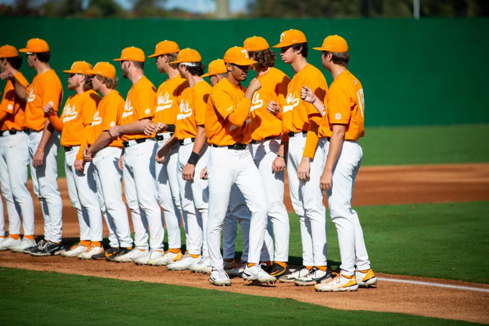 Tennessee players walk out onto the field prior to the game against the University of Memphis on Sunday, November 6, 2022, at The Ballpark at Jackson in Jackson, Tenn. The teams played an 18-inning game as the last official game of the fall season. Tennessee outscored Memphis 22-4. 