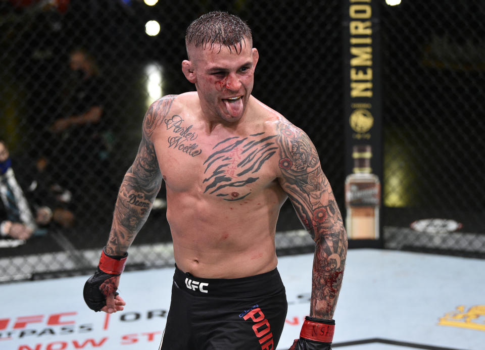 Dustin Poirier reacts after the conclusion of his lightweight fight against Dan Hooker during the UFC Fight Night event at UFC APEX on June 27, 2020 in Las Vegas, Nevada.