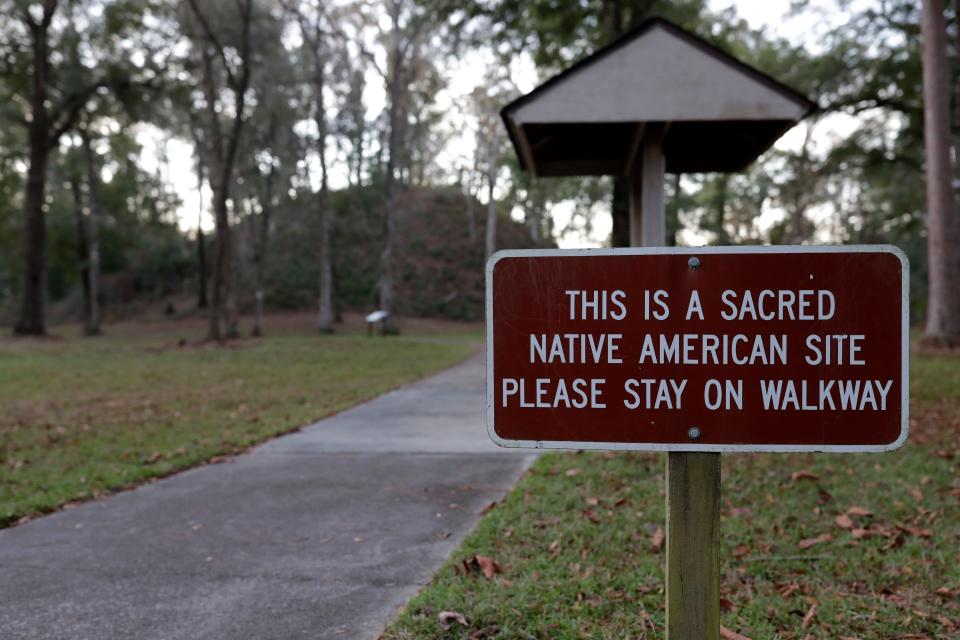 The sign leading into Letchworth-Love Mounds Archeological State Park where the Letchworth Mounds, a sacred Native American site, are protected by park rangers.