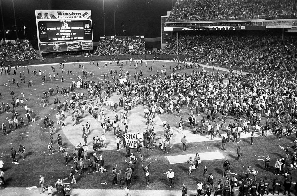 Fans took over the field at County Stadium Sunday after the Milwaukee Brewers won the fifth game of the World Series on Oct. 18, 1982.