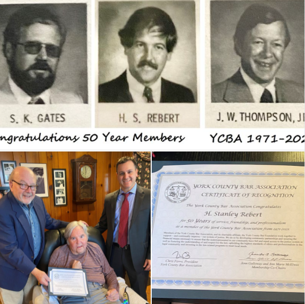 The York County Bar Association cross-shared this post in the Retro York Facebook Group congratulating its newest 50-year members. Samuel K. Gates, H. Stanley Rebert, and retired Judge John W. Thompson Jr. are shown in this circa 1972 photo. Bottom, left, past York County Bar Association President John Uhler and current Bar Association President Chris Ferro presented Stan Rebert with a certificate of appreciation for his long tenure with the county bar. Rebert was York County district attorney from 1986-2009.