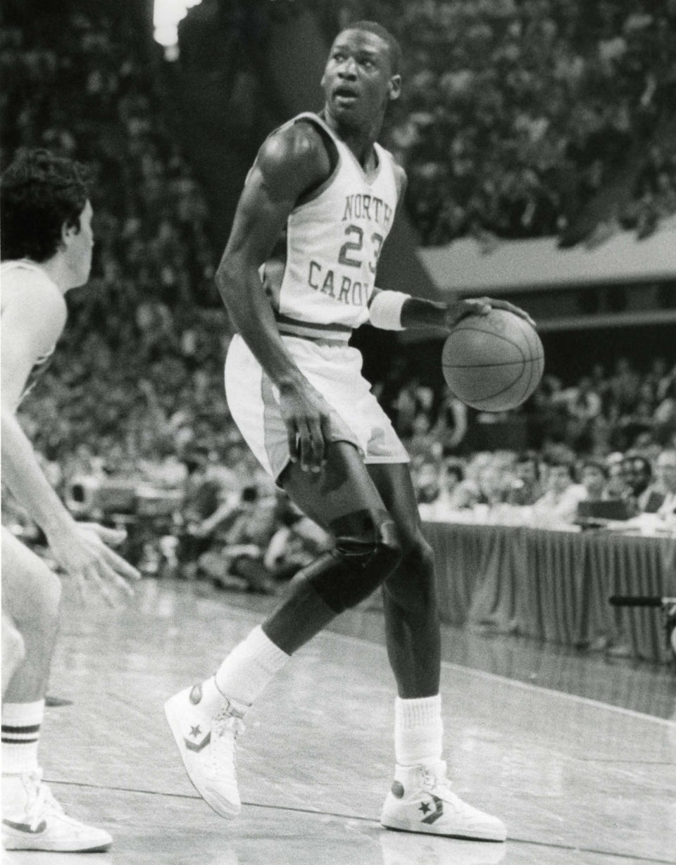 March, 1982; New Orleans, Louisiana; North Carolina Tar Heels guard Michael Jordan (23) in action against the Houston Cougars in the Final Four. The Tar Heels beat the Cougars 68-63 to advance to the championship game against Georgetown. Malcolm Emmons-USA TODAY Sports