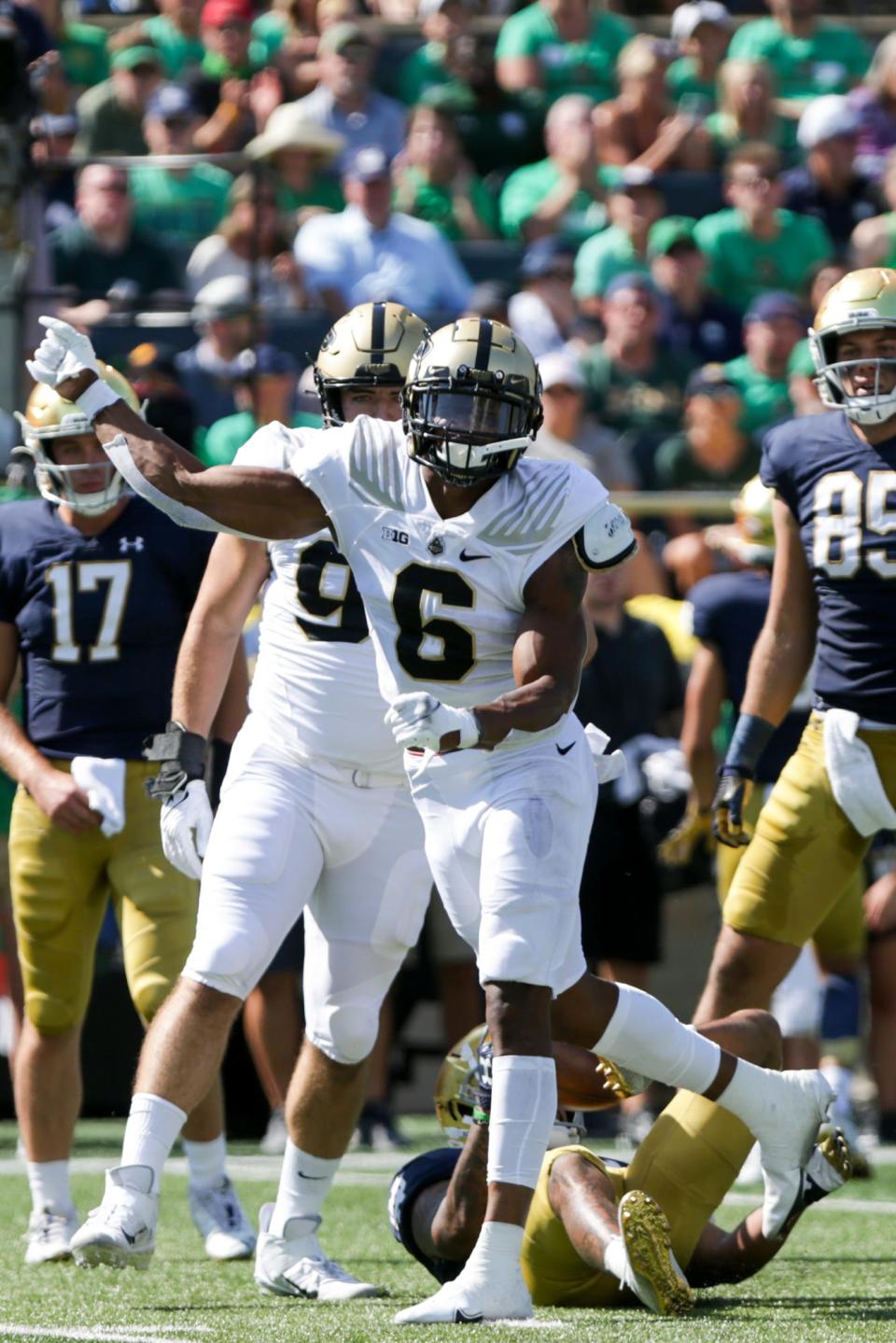 Purdue linebacker Jalen Graham (6) celebrates a stop during the first quarter of an NCAA football game, Saturday, Sept. 18, 2021 at Notre Dame Stadium in South Bend.