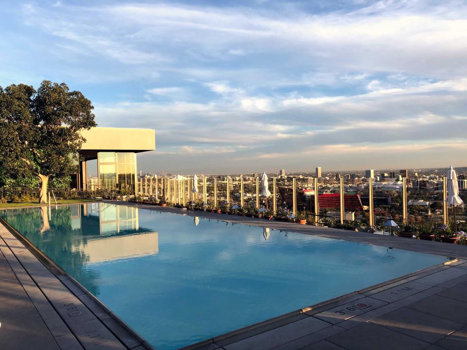 A rooftop pool with views over Hollywood in Los Angeles.