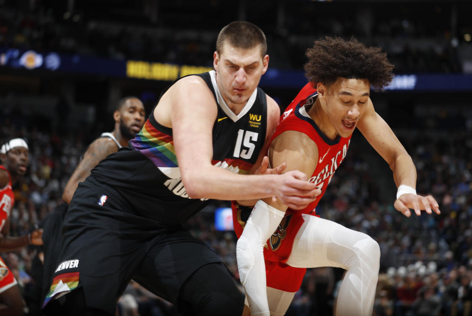 The Nuggets and center Nikola Jokic, left, came up short against the Pelicans on Wednesday night. (AP Photo/David Zalubowski)