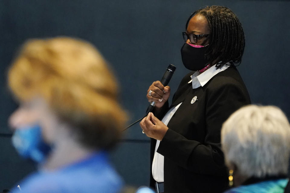 Virginia State Sen. Maime Locke, D-Hampton gestures during debate on a bill calling for the removal of the statue of former Senator Harry F. Byrd Sr. from Capitol Square during the Senate session at the Science Museum of Virginia in Richmond, Va., Tuesday, Feb. 23, 2021. The Senate passed the measure. (AP Photo/Steve Helber)