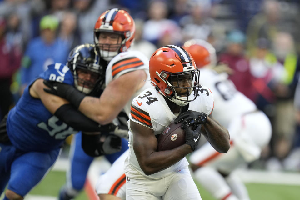 Cleveland Browns running back Jerome Ford (34) carries the ball up field during the first half of an NFL football game against the Indianapolis Colts, Sunday, Oct. 22, 2023, in Indianapolis. (AP Photo/Michael Conroy)