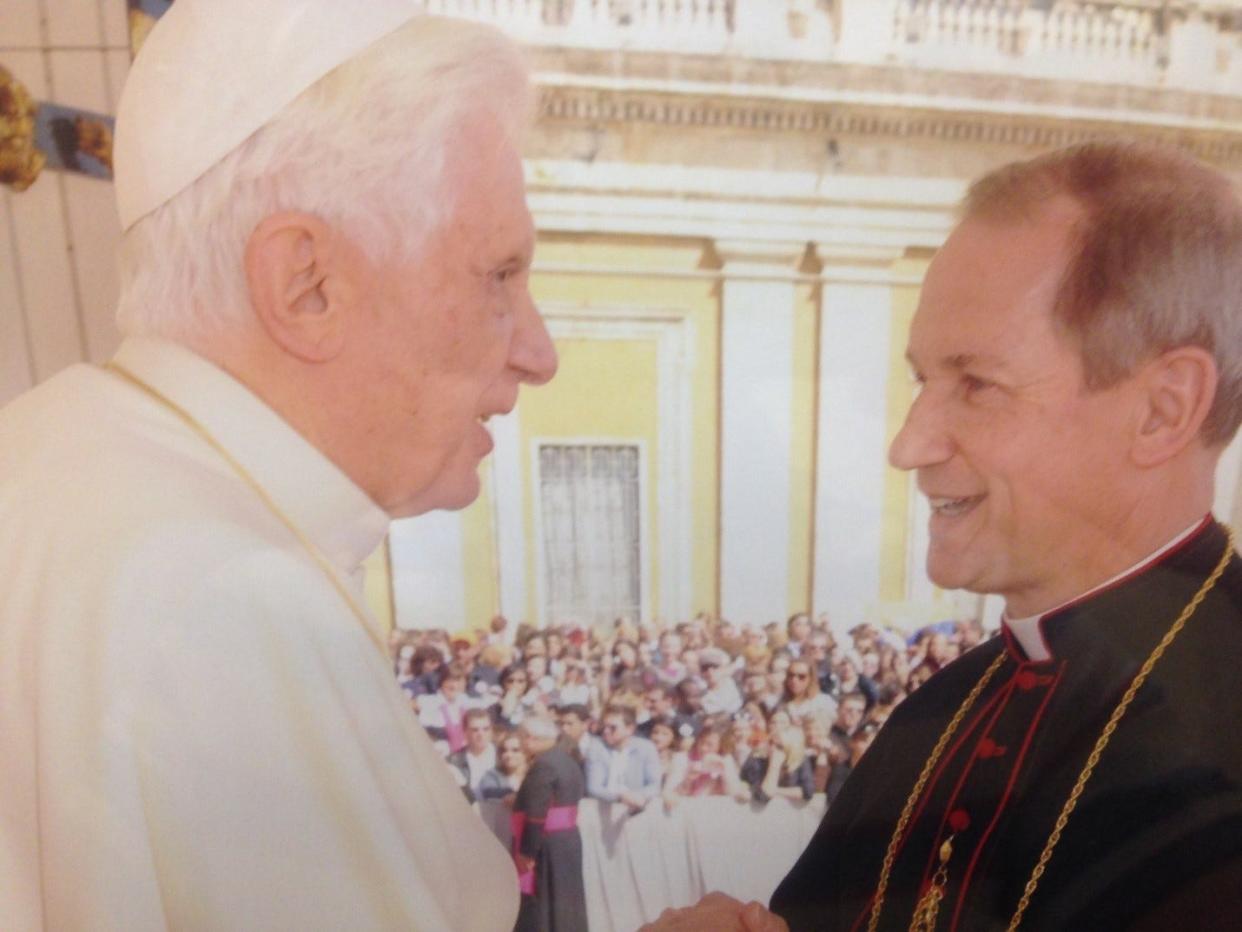 Bishop Thomas J. Paprocki, then of the Archdiocese of Chicago, shakes hands with then-Pope Benedict XVI on March 31, 2010 in Vatican City following the Pope's General Audience for that week. Paprocki had learned two days prior that he would be appointed Bishop of the Diocese of Springfield, where he has served for the last 12 years.