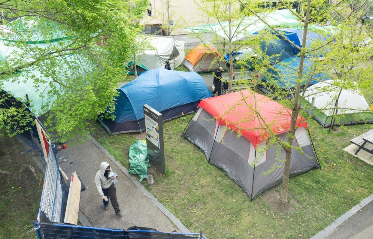 A pro-Palestinian encampment was set up at the Université du Québec à Montréal (UQAM) campus on May 12. (Christinne Muschi/The Canadian Press - image credit)