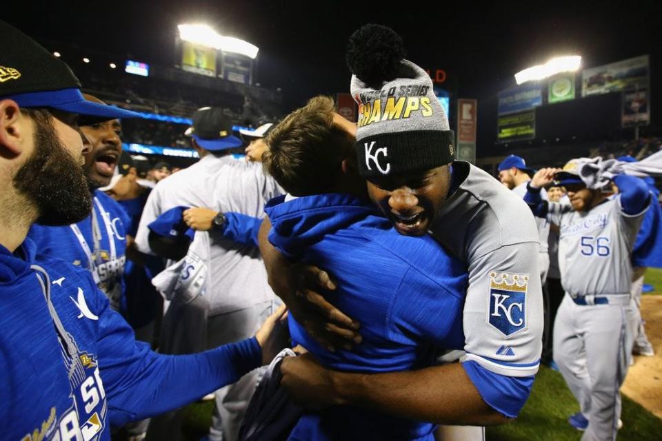Lorenzo Cain #6 of the Kansas City Royals celebrates defeating the New York Mets to win Game Five of the 2015 World Series at Citi Field on November 1, 2015 in the Flushing neighborhood of the Queens borough of New York City. The Kansas City Royals defeated the New York Mets with a score of 7 to 2 to win the World Series.