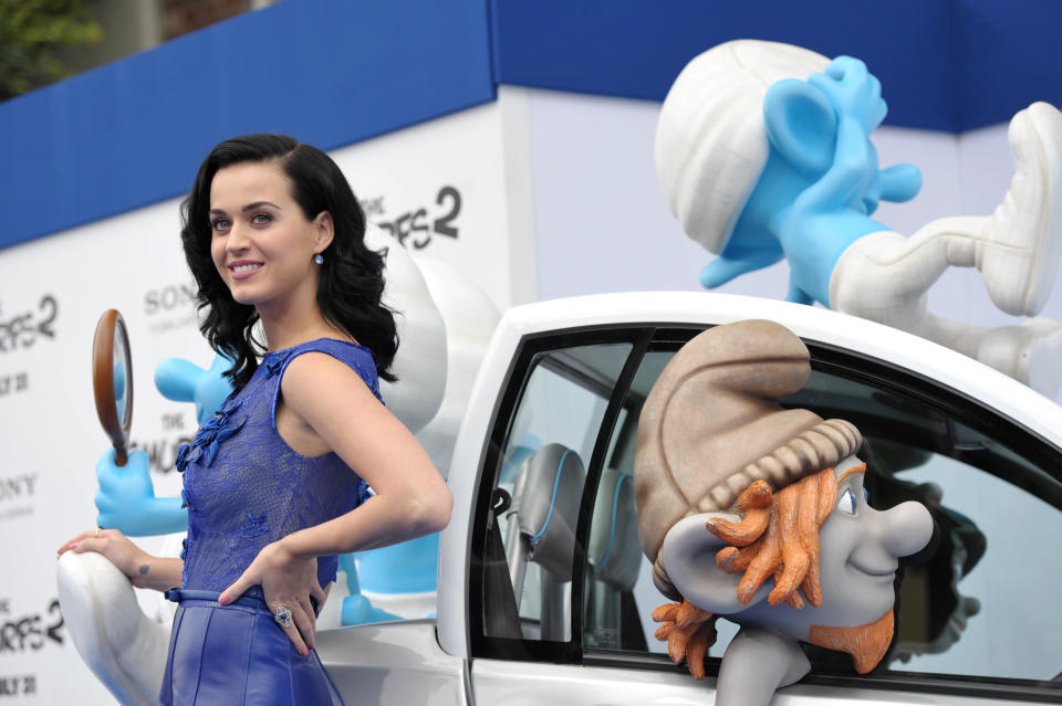 Katy Perry arrives to the world premiere of "The Smurfs 2" at the Regency Village Theatre on Sunday, July 28, 2013 in Los Angeles. (Photo by John Shearer/Invision/AP)