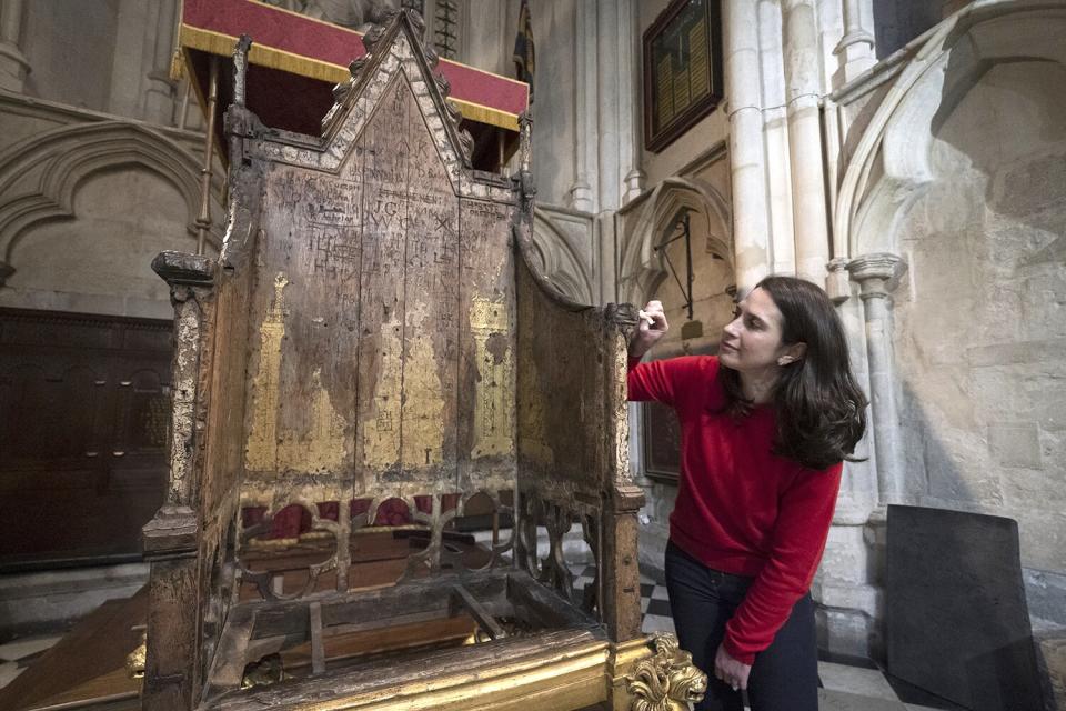 The Coronation chair at Westminster Abbey in London, which is being restored ahead of the upcoming coronation of King Charles III