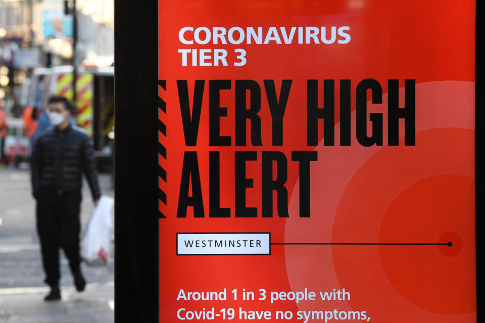 <div class="inline-image__caption"><p>London was placed in the toughest Tier 3 of Covid-19 measures on Dec. 16, with a new coronavirus variant emerging as a possible cause for rapidly rising infection rates. Now it's gone to Tier 4.</p></div> <div class="inline-image__credit">Daniel Leal-Olivas/AFP via Getty</div>