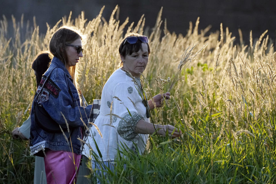 Ukrainian women collect ears of grain for their braids during a traditional Ukrainian celebration of Kupalo Night, in Warsaw, Poland, on Saturday, June 22, 2024. Ukrainians in Warsaw jumped over a bonfire and floated braids to honor the vital powers of water and fire on the Vistula River bank Saturday night, as they celebrated their solstice tradition of Ivan Kupalo Night away from war-torn home. (AP Photo/Czarek Sokolowski)