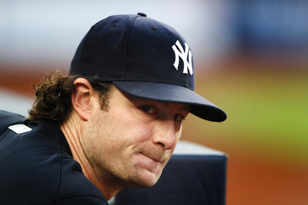 New York Yankees starting pitcher Gerrit Cole in the dugout during baseball game against the Toronto Blue Jays Tuesday, May 25, 2021, in New York. (AP Photo/Noah K. Murray)