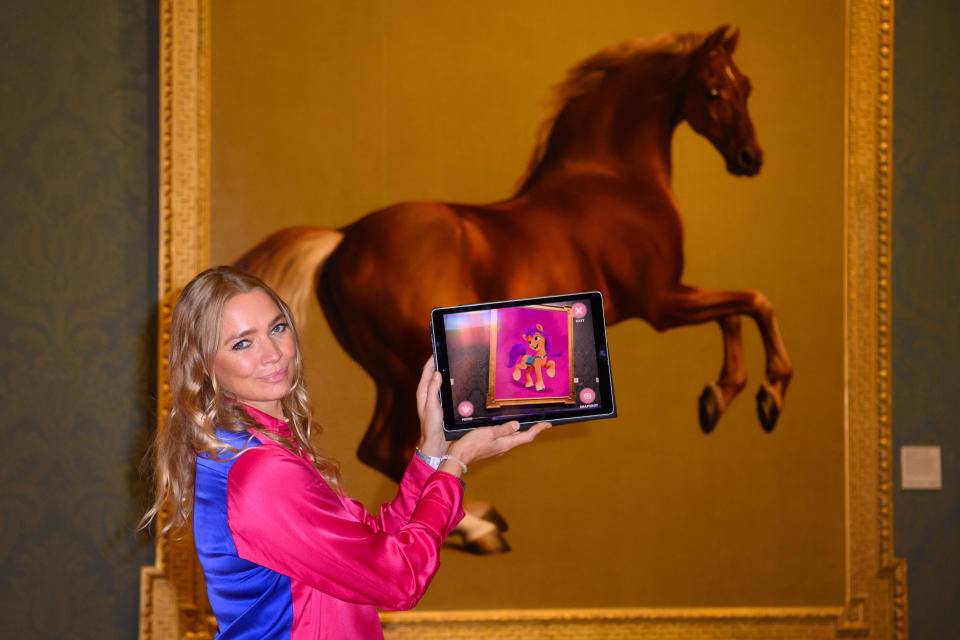 <p>Jodie Kidd unveils the My Little Pony Magical Gallery, an augmented-reality app that transforms ten of the National Gallery’s most famous horse paintings into My Little Pony illustrations, from today until 1st November. Picture date: Monday September 20, 2021. Photo credit should read: Matt Crossick/Empics</p>
