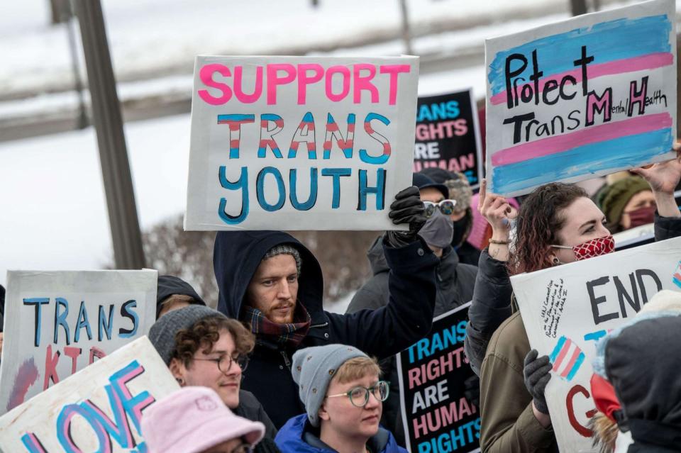 PHOTO: In this March 6, 2022, file photo, people hold a rally at the capitol to support trans kids in Minnesota, Texas, and around the country, in St. Paul, Minn. (Michael Siluk/UCG/Universal Images Group via Getty Images, FILE)