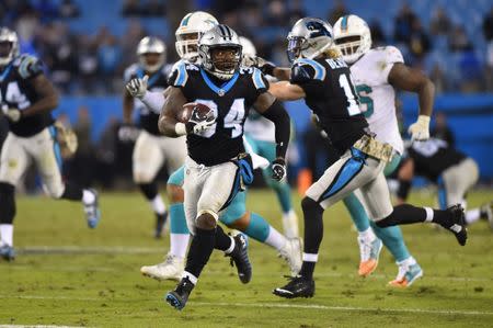 Nov 13, 2017; Charlotte, NC, USA; Carolina Panthers running back Cameron Artis-Payne (34) runs in the fourth quarter. The Panthers defeated the Dolphins 45-21 at Bank of America Stadium. Bob Donnan-USA TODAY Sports