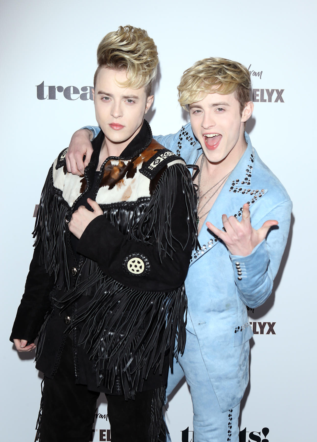 LOS ANGELES, CALIFORNIA - OCTOBER 31: John Grimes and Edward Grimes aka Jedward twins attend the Trick Or treats! Halloween Party held at No Vacancy on October 31, 2019 in Los Angeles, California. (Photo by Michael Tran/Getty Images)