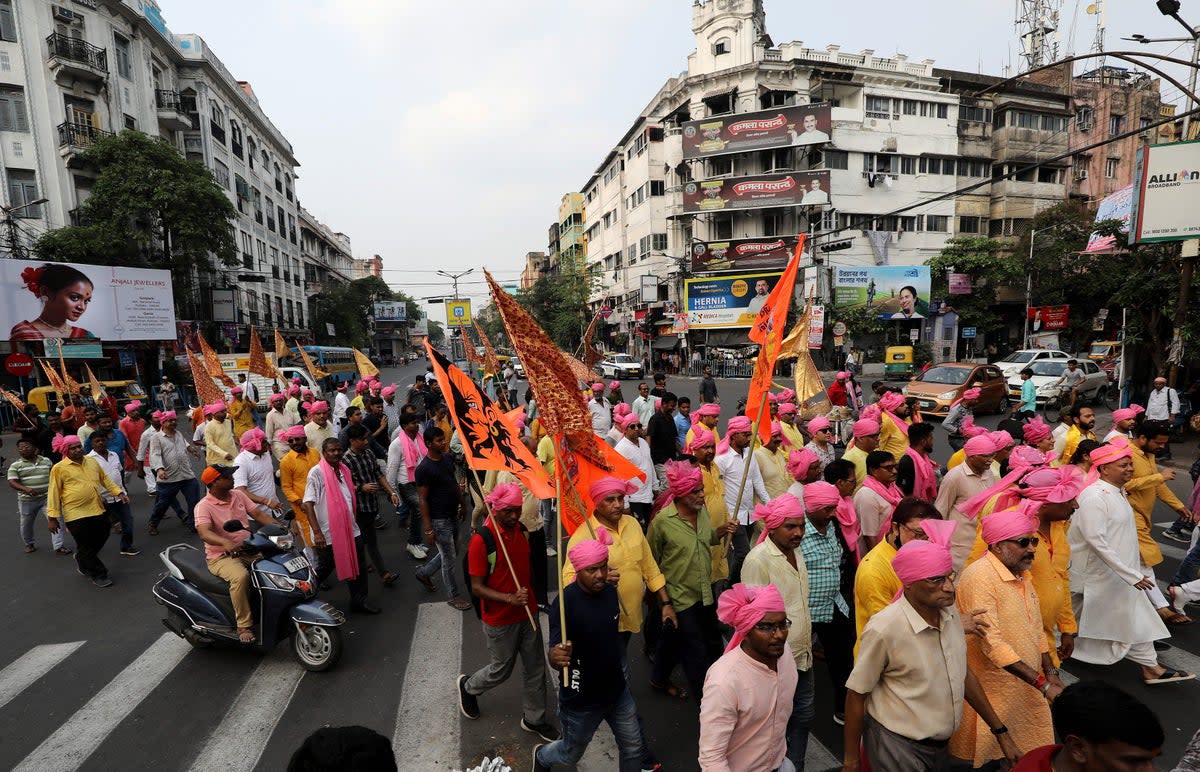 Hindu devotees participate in a religious procession to celebrate the Ram Navami festival in Kolkata (EPA)
