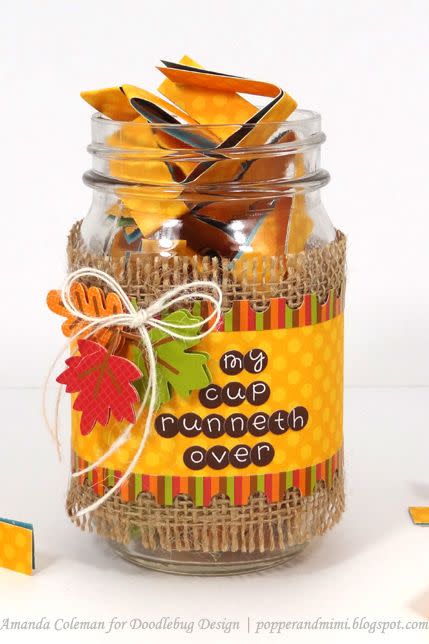 <p>Have little ones—or everyone!—share what they're thankful for by placing this jar, strips of paper, and a few pens at the table. After dinner, wrap up your feast on a sweet note by having kiddos read the slips aloud while dessert is served.</p><p><strong>Get the tutorial at <a href="http://www.doodlebugblog.com/2013/11/give-thanks-project-give-thanks-jars.html#.W7KPUpNKjWY" rel="nofollow noopener" target="_blank" data-ylk="slk:Doodle Bug Blog;elm:context_link;itc:0;sec:content-canvas" class="link ">Doodle Bug Blog</a>.</strong></p><p><strong><a class="link " href="https://www.amazon.com/12-Ball-Mason-Jar-Lid/dp/B014V7RSE8/?tag=syn-yahoo-20&ascsubtag=%5Bartid%7C10050.g.1201%5Bsrc%7Cyahoo-us" rel="nofollow noopener" target="_blank" data-ylk="slk:SHOP MASON JARS;elm:context_link;itc:0;sec:content-canvas">SHOP MASON JARS</a><br></strong></p>