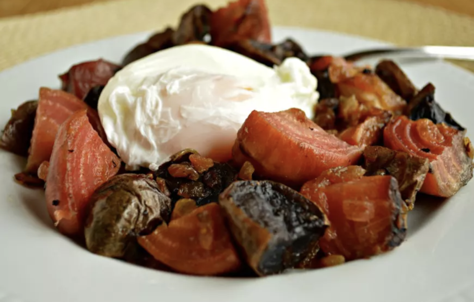 Red Flannel Hash with Poached Egg