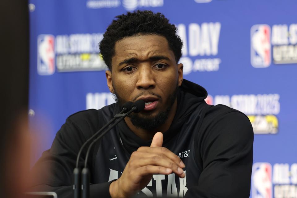 Cavaliers guard Donovan Mitchell addresses reporters during NBA All-Star Media Day on Feb. 18 in Salt Lake City, Utah.