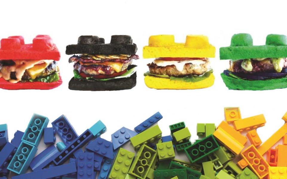 Brick Burger's buns are shaped like LEGO bricks and come in several colors.