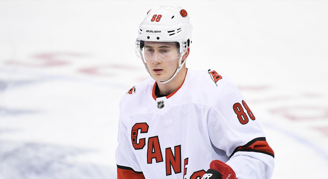 TORONTO, ON - DECEMBER 23: Carolina Hurricanes Right Wing Martin Necas (88) in warmups prior to the regular season NHL game between the Carolina Hurricanes and Toronto Maple Leafs on December 23, 2019 at Scotiabank Arena in Toronto, ON. (Photo by Gerry Angus/Icon Sportswire via Getty Images) 