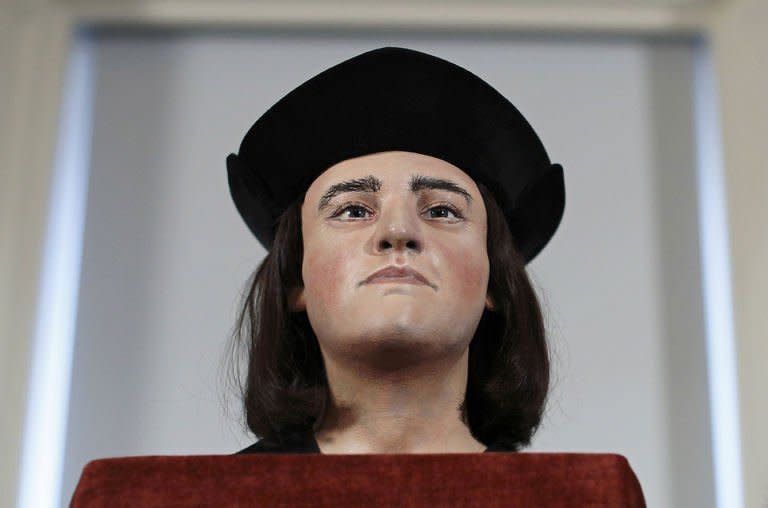 A plastic facial model based on the recently-discovered skull of England's king Richard III is pictured during a press conference in London on February 5, 2013. The face of England's much-maligned king Richard III was revealed on Tuesday for the first time in 500 years on Tuesday following a reconstruction of his skeleton which was found buried underneath a car park