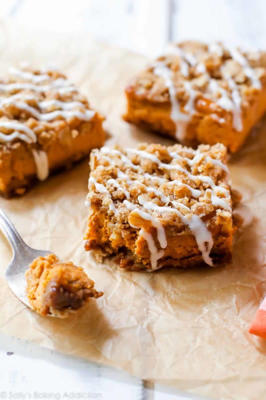 <p>Sally's Baking Addiction</p><p>Homemade pumpkin streusel bars are a fun and delicious alternative to pumpkin pie. With a gingersnap crust, creamy pumpkin filling and brown sugar streusel topping, these are simply irresistible! </p><p><strong>Get the recipe: <em><a href="https://sallysbakingaddiction.com/pumpkin-streusel-bars/" rel="nofollow noopener" target="_blank" data-ylk="slk:Pumpkin Streusel Bars;elm:context_link;itc:0;sec:content-canvas" class="link rapid-noclick-resp">Pumpkin Streusel Bars</a></em></strong></p><p><strong>Related: <a href="https://parade.com/848833/brendabennett/15-sugar-free-no-bake-pumpkin-recipes/" rel="nofollow noopener" target="_blank" data-ylk="slk:15 Sugar-Free No-Bake Pumpkin Recipes;elm:context_link;itc:0;sec:content-canvas" class="link rapid-noclick-resp">15 Sugar-Free No-Bake Pumpkin Recipes</a></strong></p>