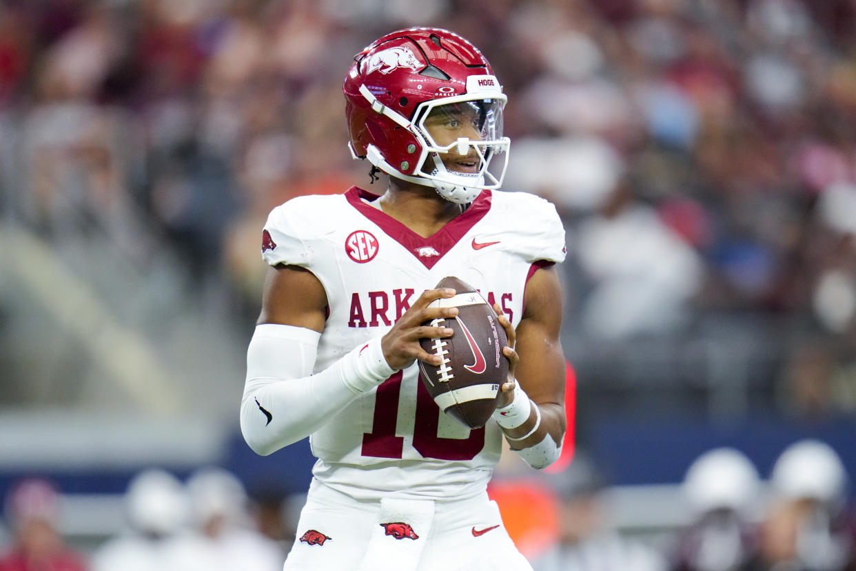 Arkansas quarterback Taylen Green looks to pass against Texas A&M during the first half of an NCAA college football game, Saturday, Sept. 28, 2024, in Arlington, Texas. (AP Photo/Julio Cortez)