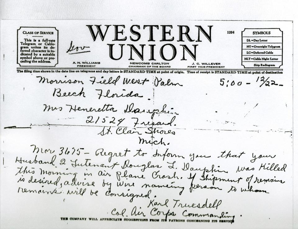 Telegram from the commander of Morrison Field informing the wife of Douglas Dauphin, one of The Fourteen, of his death.