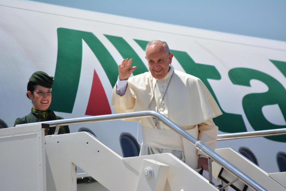 <p>Pope Francis leaves for Poland with an Alitalia flight from the Fiumicino Airport in Rome, July 27, 2016. Pope Francis has departed for Krakow, where he will join World Youth Day, a major gathering of Catholics. (Telenews/ANSA via AP Photo)</p>