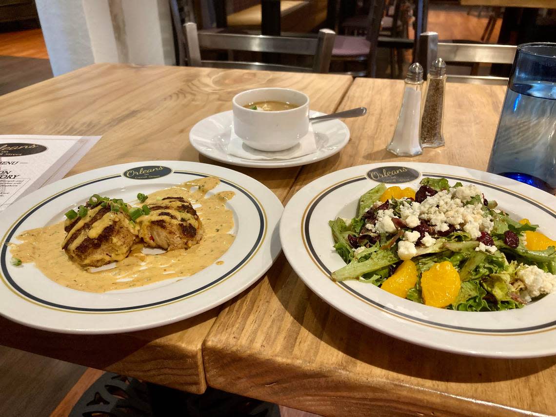 A recent lunch at ‘Orleans on Carroll Street in downtown Perry included a cup of gumbo, an ‘Olreans salad and crab cakes.