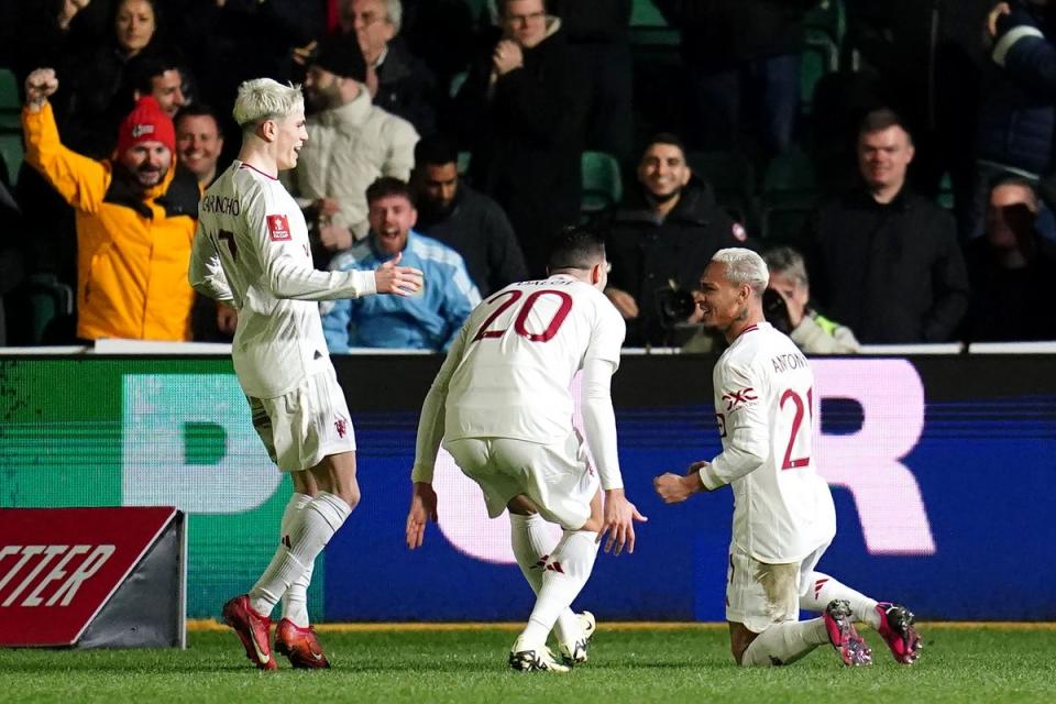 Antony (right) celebrates scoring Manchester United’s third goal in their FA Cup win at Newport (PA Wire)
