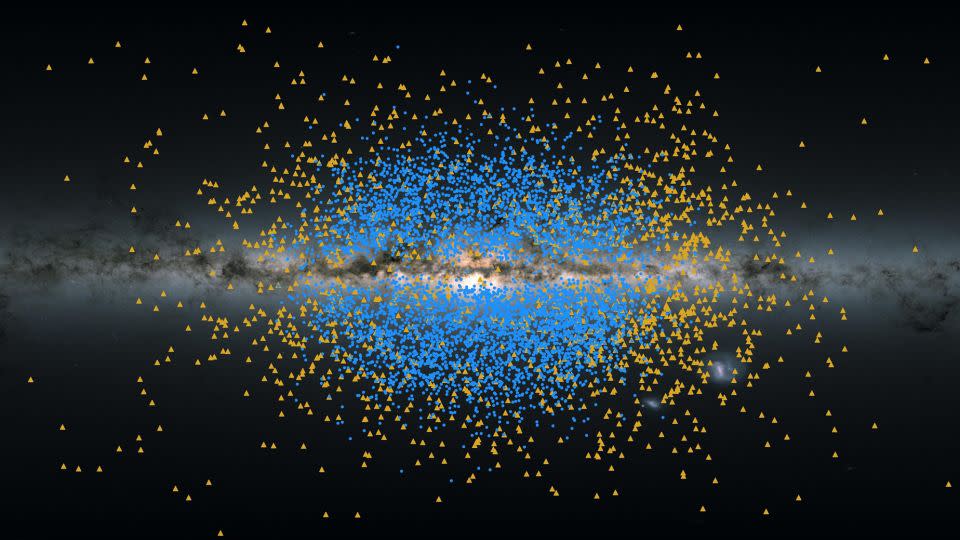 The distribution of Shakti (yellow) and Shiva (blue) stars can be seen near the heart of the Milky Way.  - ESA/Gaia/DPAC/K.  Malhan