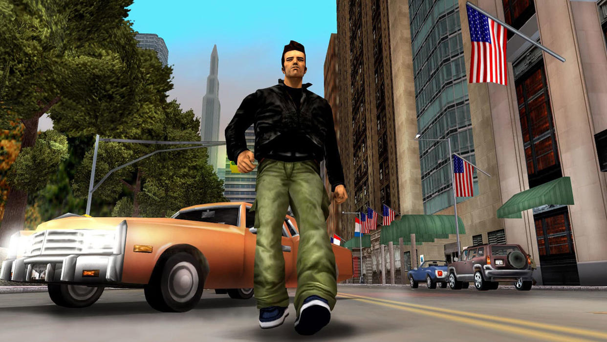  A character walking down the NYC streets in GTA 3. 
