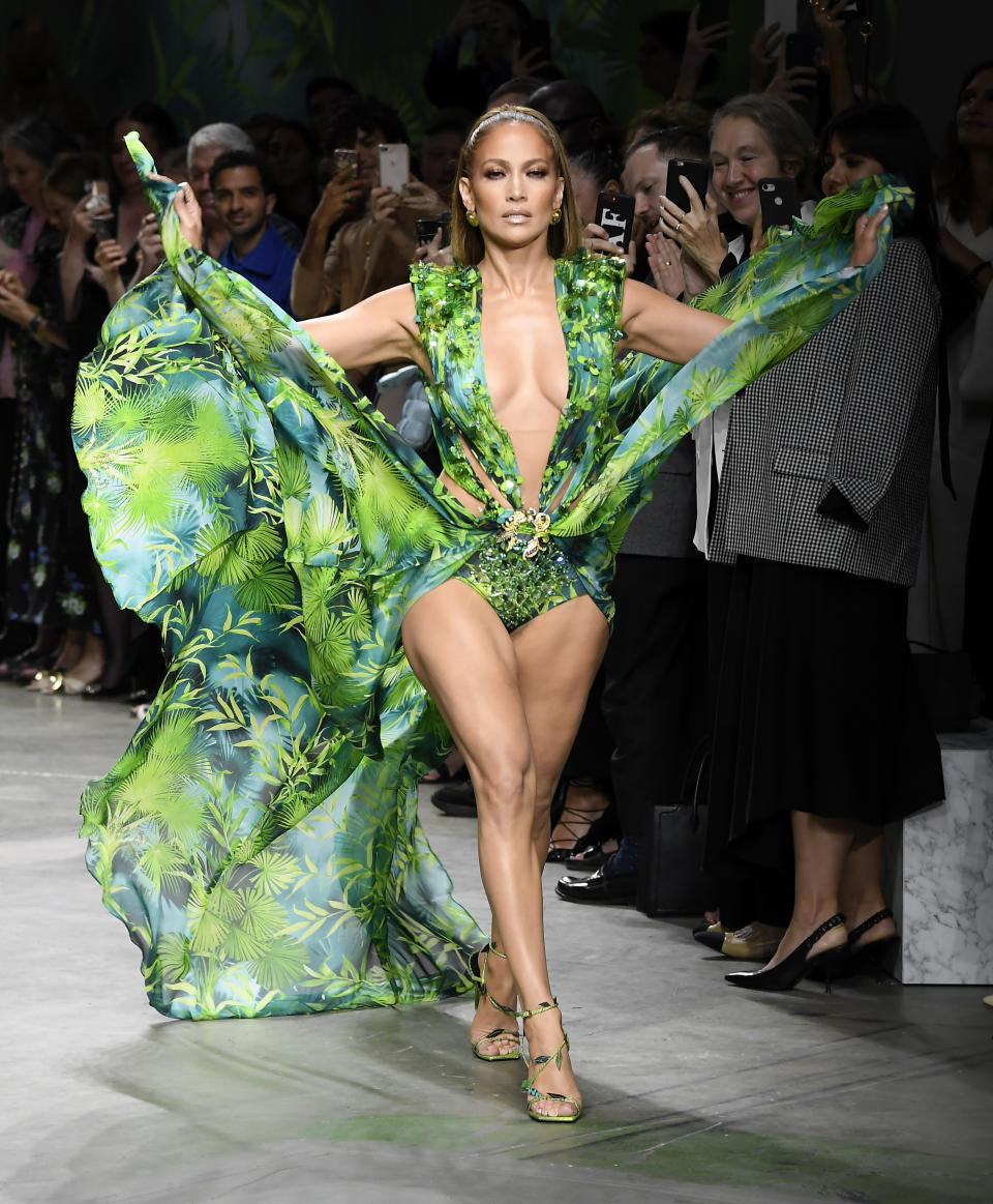 Jennifer Lopez on the catwalk (Photo by Swan Gallet/WWD/Penske Media via Getty Images)