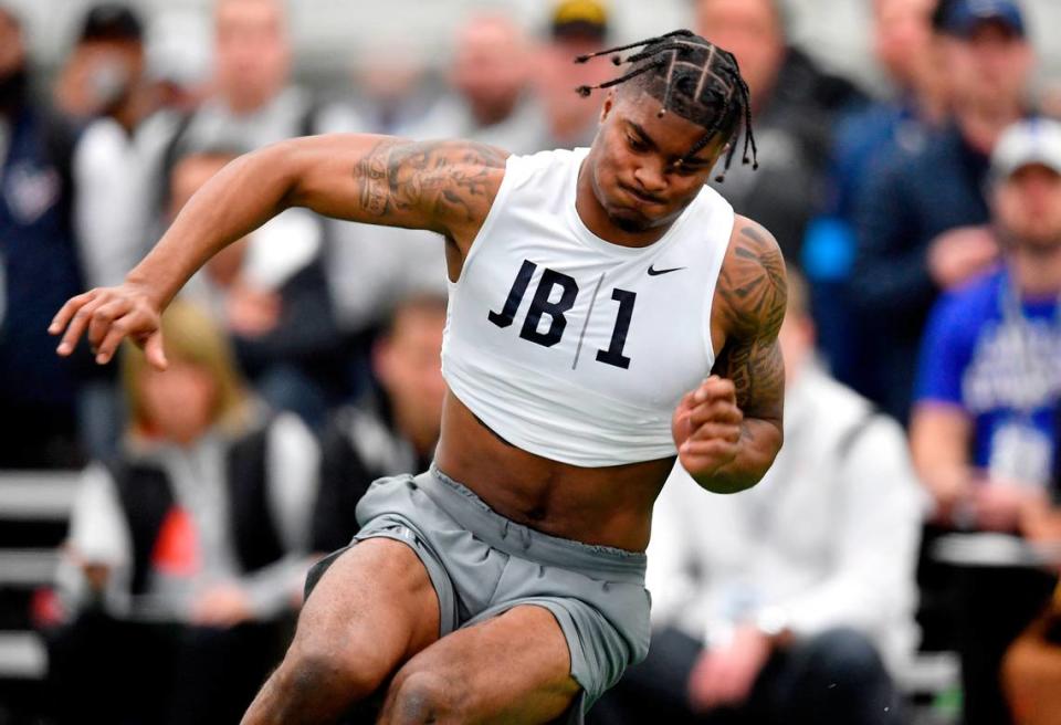 Jaquan Brisker runs the pro shuttle during Penn State pro day on Thursday, March 24, 2022.