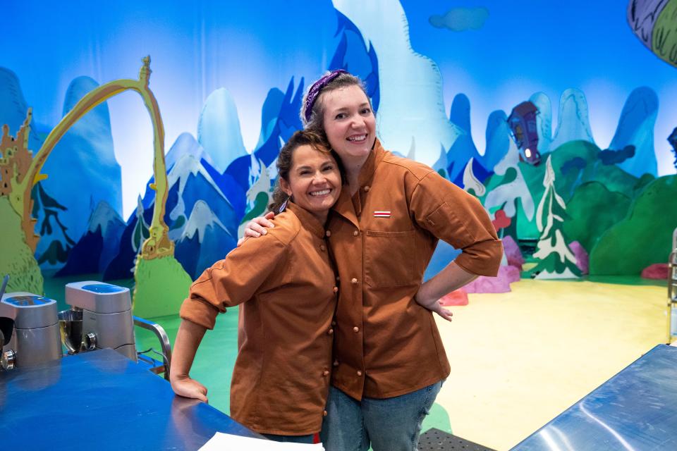 Cake artist Angel Figueroa, left, and pastry chef Maya Hayes of Vermont compete on the Brown Team for the "Dr. Seuss Baking Challenge" on Prime Video.