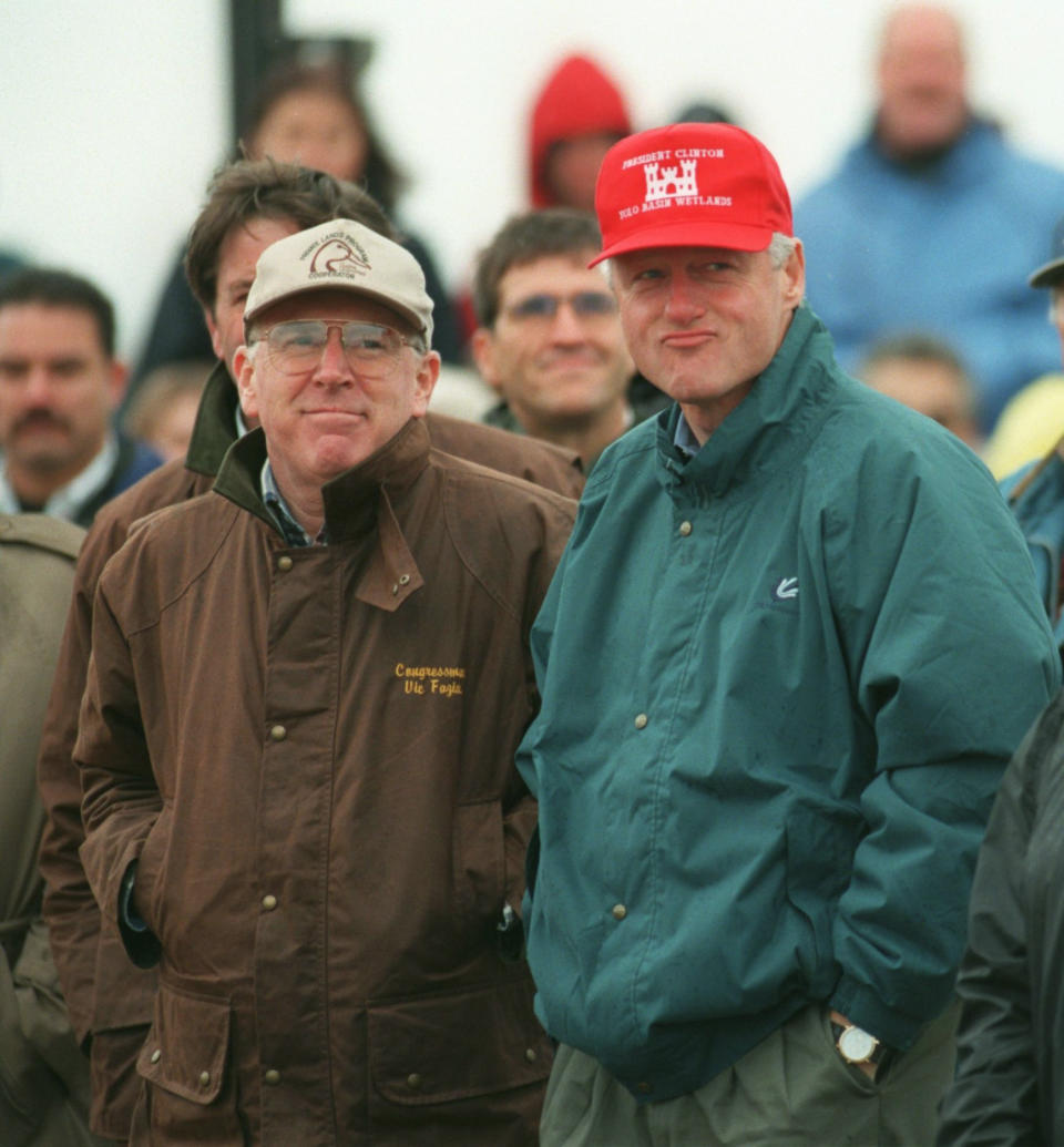 Rep. Vic Fazio and President Bill Clinton attend the dedication of the Yolo Bypass Wildlife Area in Yolo County, Calif., on Nov. 15, 1997. Fazio, a Democratic congressman from California who served for 20 years and rose to become an influential party leader in the House, has died. Fazio's death was announced Wednesday, March 26, 2022, by House Speaker Nancy Pelosi, although her office didn't provide details. He was 79. (Hector Amezcua/The Sacramento Bee via AP)