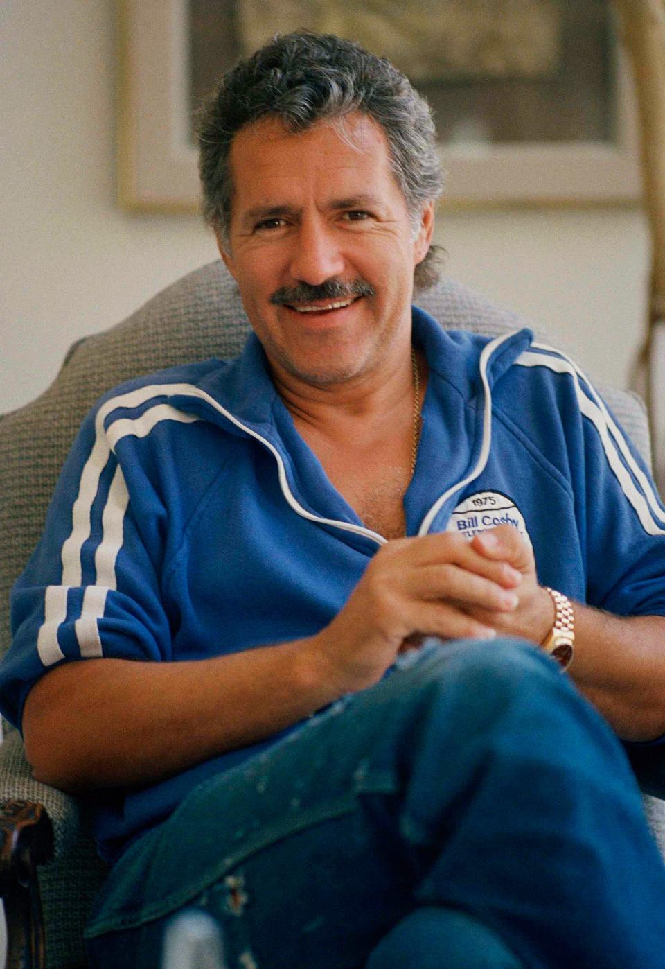 For many years, game show host Alex Trebek, seen here in 1988, sported a signature mustache.