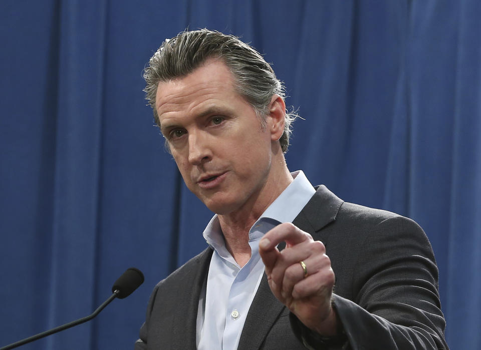 FILE - In this Monday Feb. 11, 2019 file photo Calif. Gov. Gavin Newsom answers questions at a Capitol news conference, in Sacramento, Calif. Newsom is expected to sign a moratorium on the death penalty in California Wednesday, March 13, 2019. (AP Photo/Rich Pedroncelli, File)